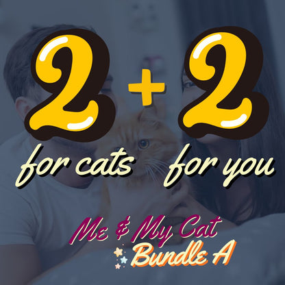 Promotional graphic with '2 + 2 for cats for you' text overlaying a blurred background of a person and cat.