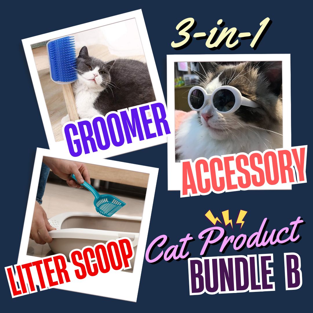 Cat product bundle with 'Groomer', 'Litter Scoop', and 'Accessory' text on a dark blue background.