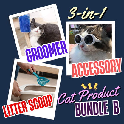 Cat product bundle with 'Groomer', 'Litter Scoop', and 'Accessory' text on a dark blue background.