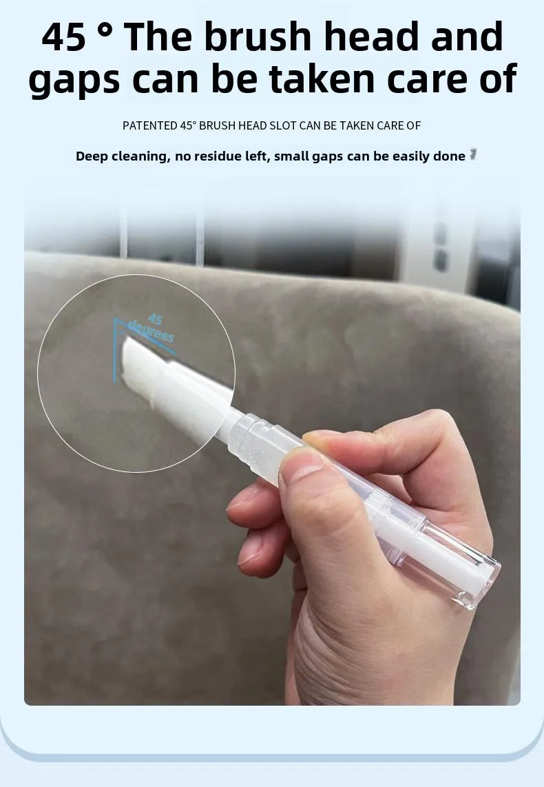 Hand holding a cleaning tool with text about brush head and gaps cleaning.