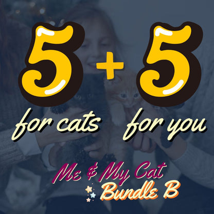 Promotional graphic with '5 + 5 for cats for you' text overlaying a blurred background of a person and cat.