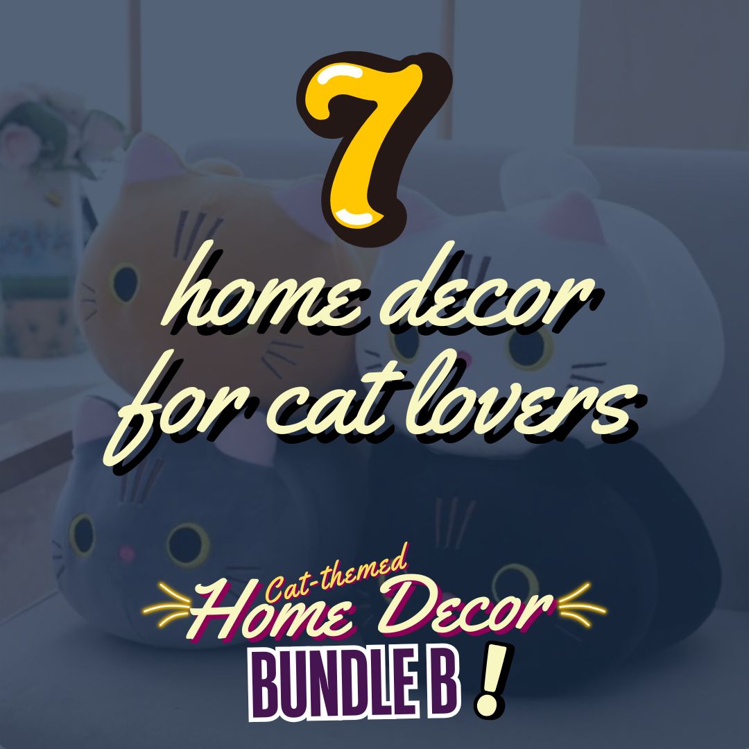 Promotional graphic for cat-themed home decor bundle with cartoon cats and text overlay.