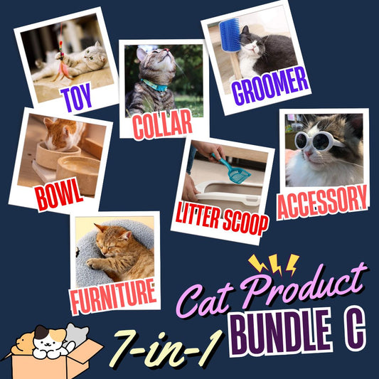 Graphic for a 7-in-1 cat product bundle with images and text labels on a dark blue background.