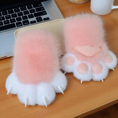 A fluffy faux-fur paw-shaped accessory in peach color 