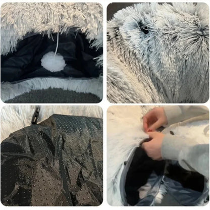 A four-panel collage showing close-up details of a faux-fur pet bed or cozy: top-left shows the fluffy light gray exterior and black interior with a white pom-pom trim; top-right shows the dense gray fur texture; bottom-left shows a black studded waterproof-looking panel; bottom-right shows a person's hands opening a zipper in the fur-lined compartment.