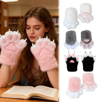 A woman wearing fluffy faux-fur claw gloves while reading a book in a library, shown beside a grid of the same claw gloves in multiple color options including white, gray, black, and pink.