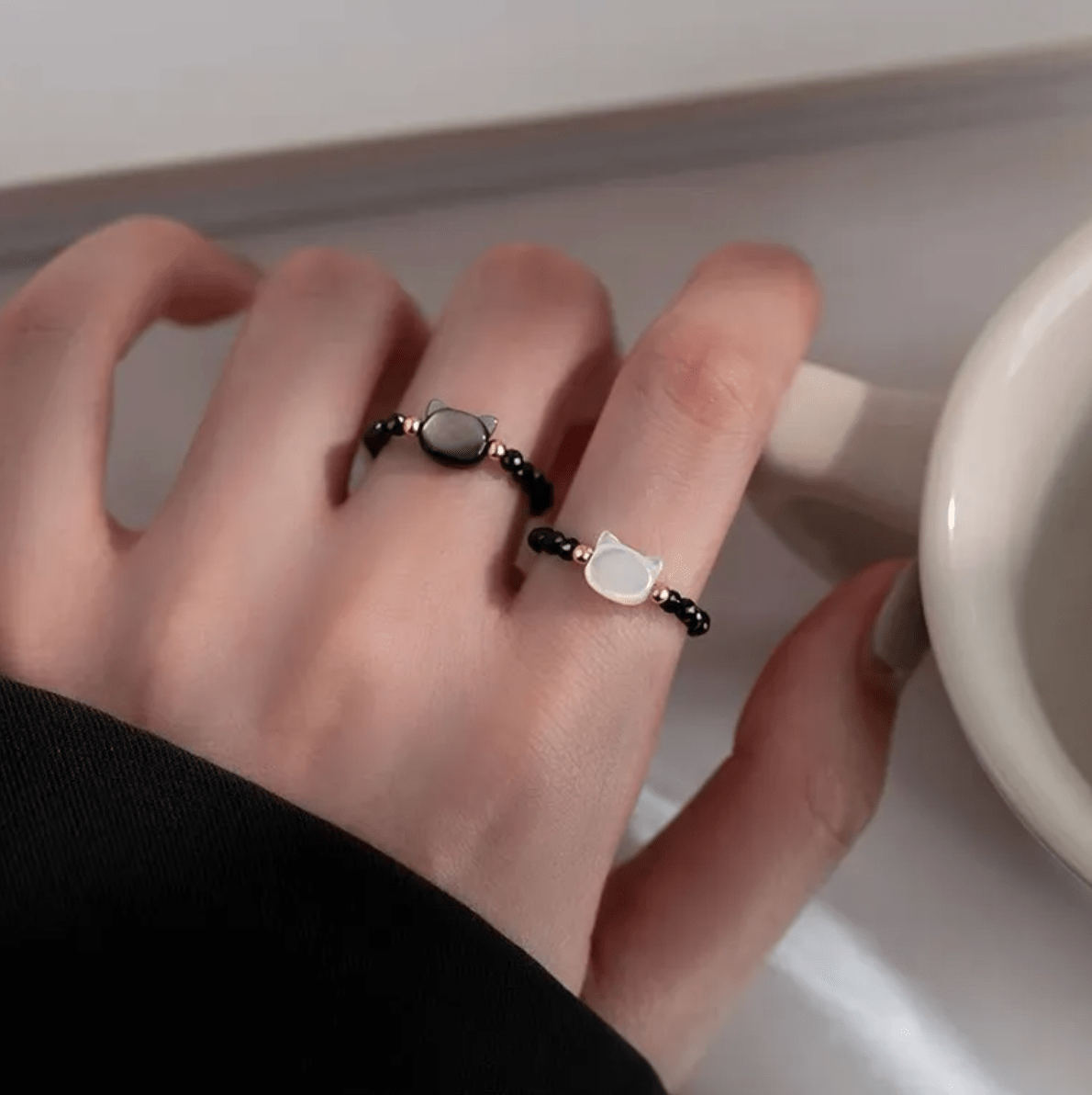 Adjustable Cat Bead Ring – Charm Detail Close-Up