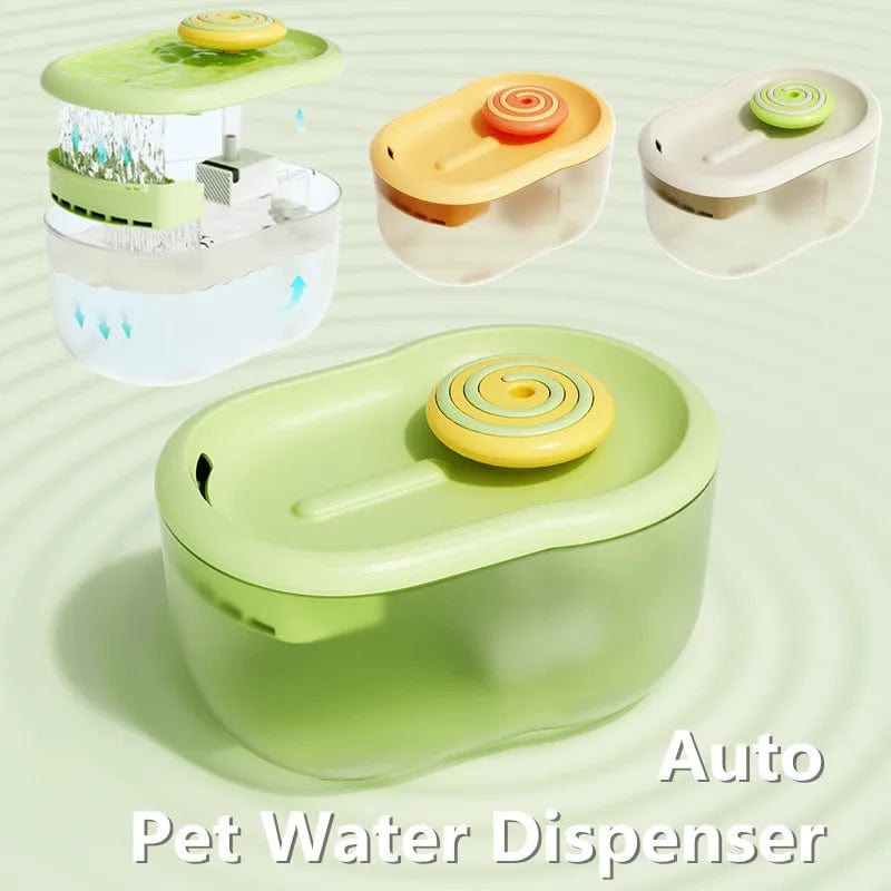 A collection of images showing an automatic pet water dispenser in various colors (white, green, and orange) with a lollipop-shaped top.