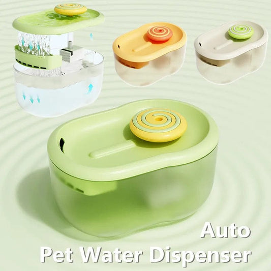 A collection of images showing an automatic pet water dispenser in various colors (white, green, and orange) with a lollipop-shaped top.