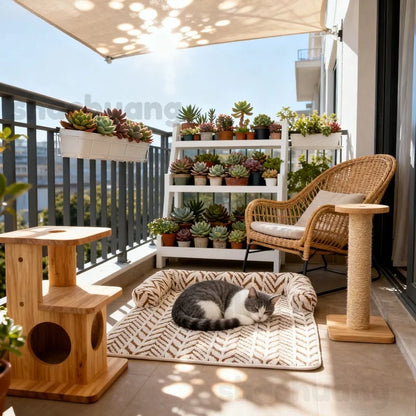 Balcony with cat bed, cat tree, and potted plants on a sunny day