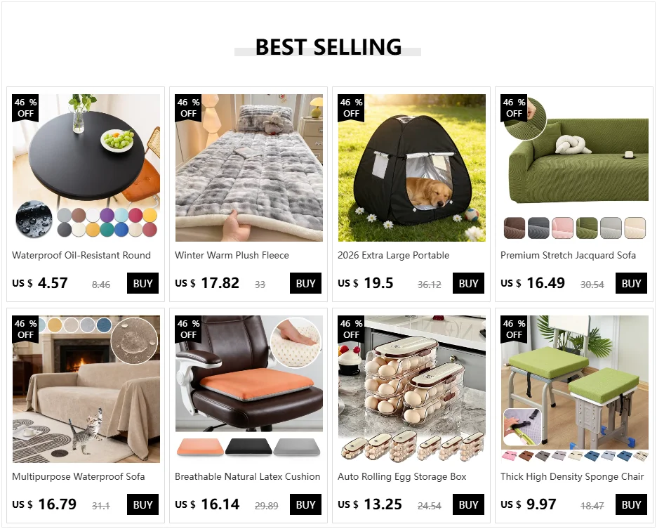 Grid of various home products with price tags and 'BUY' buttons on a white background.