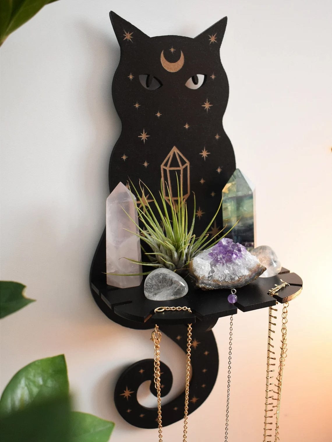 Black Cat Crystal Display Shelf with Hanging Moon Charm