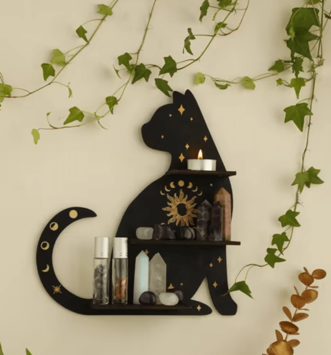 Black Cat Crystal Wall Shelf with Moon & Ivy Décor
