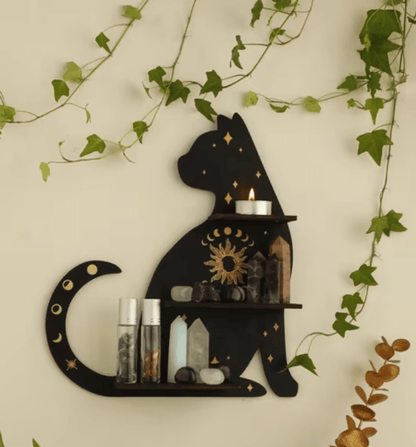 Black Cat Crystal Wall Shelf with Moon & Ivy Décor