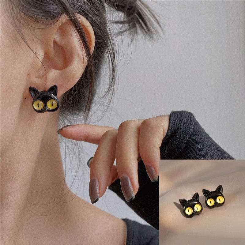 Black Cat Jewelry Set Worn Earrings and Ring View