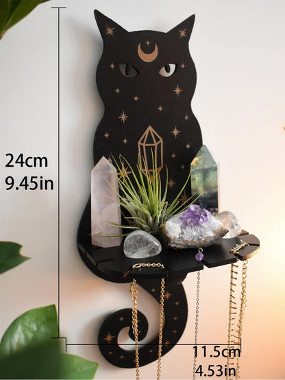 Black Cat Moon Phase Crystal Organizer Wall Décor