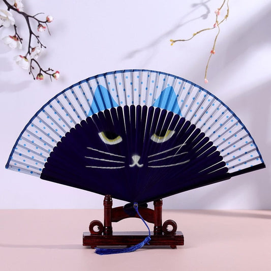 Blue Cat Silk Folding Fan with Bamboo Ribs