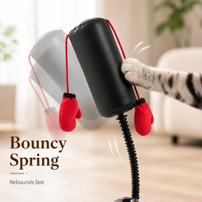 Pet toy with red mittens and a bouncy spring, held by a cat's paw.
