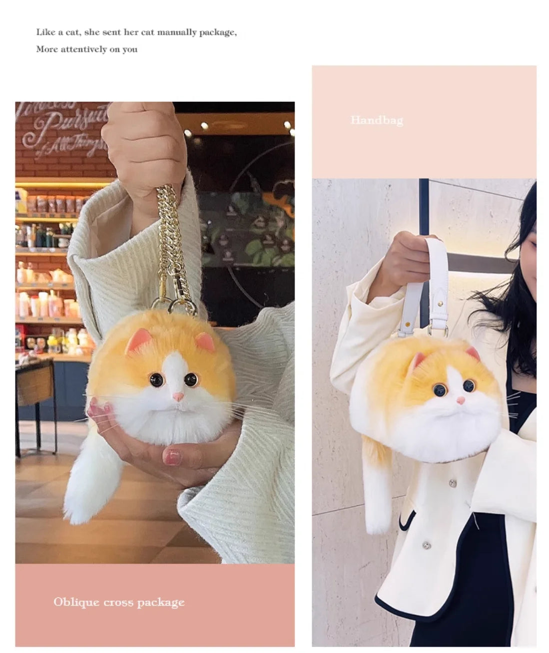 Cat-shaped plush keychain and bag held by a person in different settings.