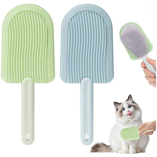Three pet grooming brushes with a cat being groomed on a white background