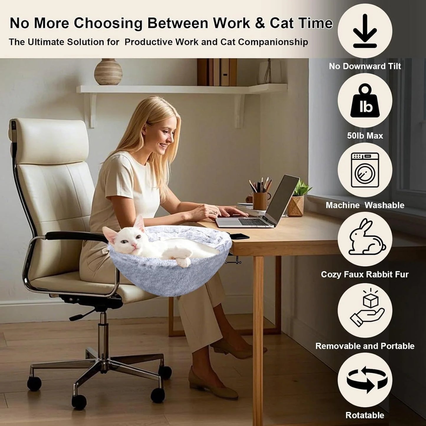 Woman sitting at a desk with a cat in a pet hammock, surrounded by product features on a screen.