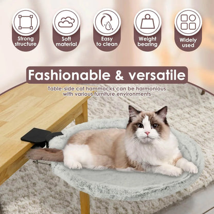 Cat lying on a table-side cat hammock with features listed above.