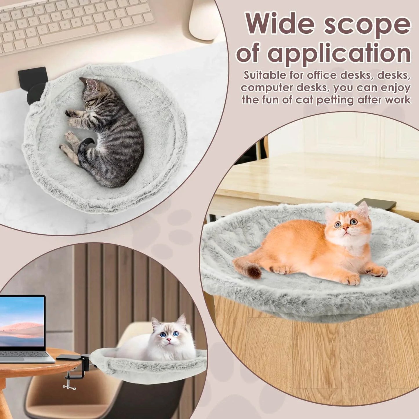 Cat lounging on a desk with text about its wide scope of application.