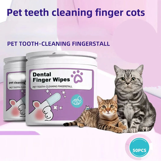 Pet teeth cleaning finger wipes with two cats on a pink background