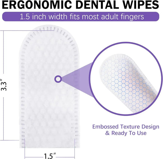 Ergonomic dental wipes with text and measurements on a white background