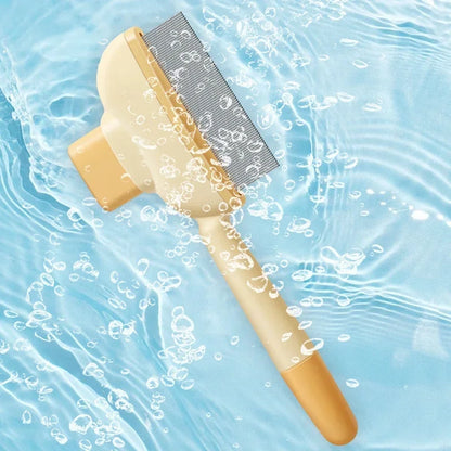Pet grooming brush with a wooden handle and metal bristles on a water background