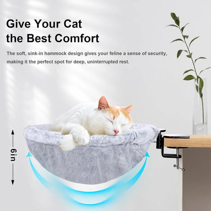 Cat lying on a small hammock attached to a table with text about cat comfort.