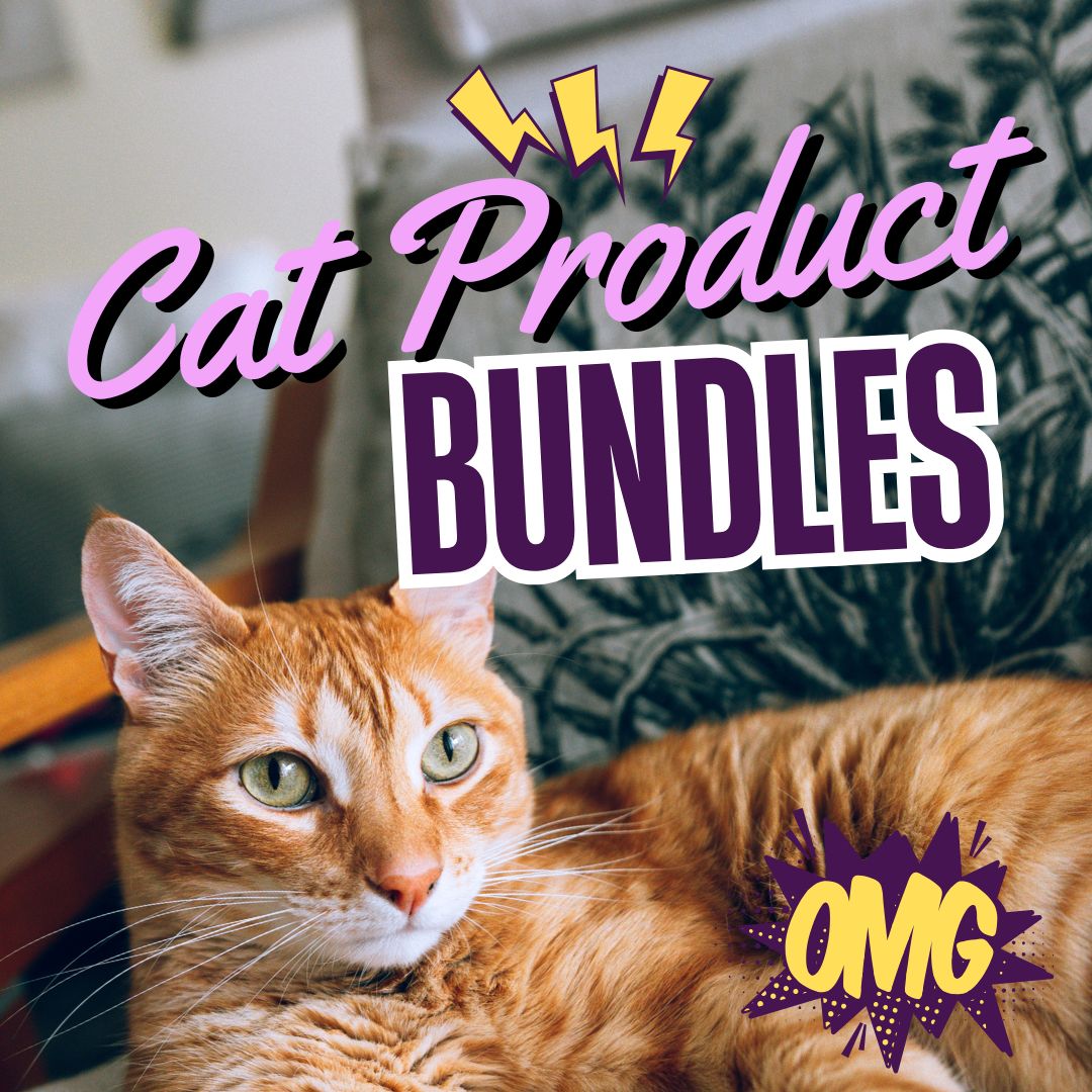 Cat lying on a couch with text overlay 'Cat Product Bundles' and 'OMG' in a playful font.