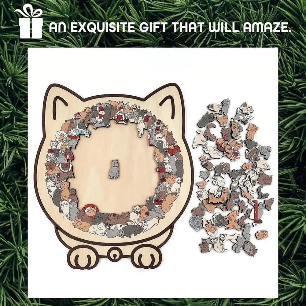 Cat-shaped puzzle with pieces on a white background