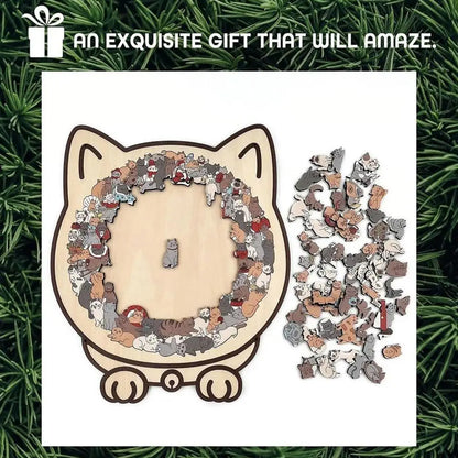 Cat-shaped puzzle with pieces on a white background