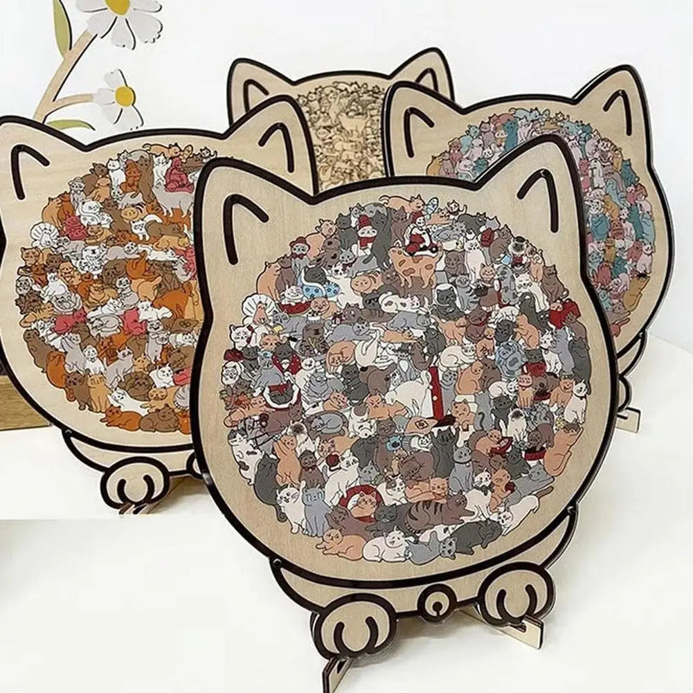 Cat-shaped puzzle with a collage of small images on a white background