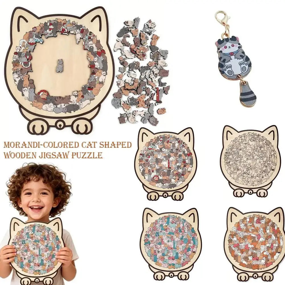 Cat-shaped wooden jigsaw puzzle with pieces and a keychain on a white background