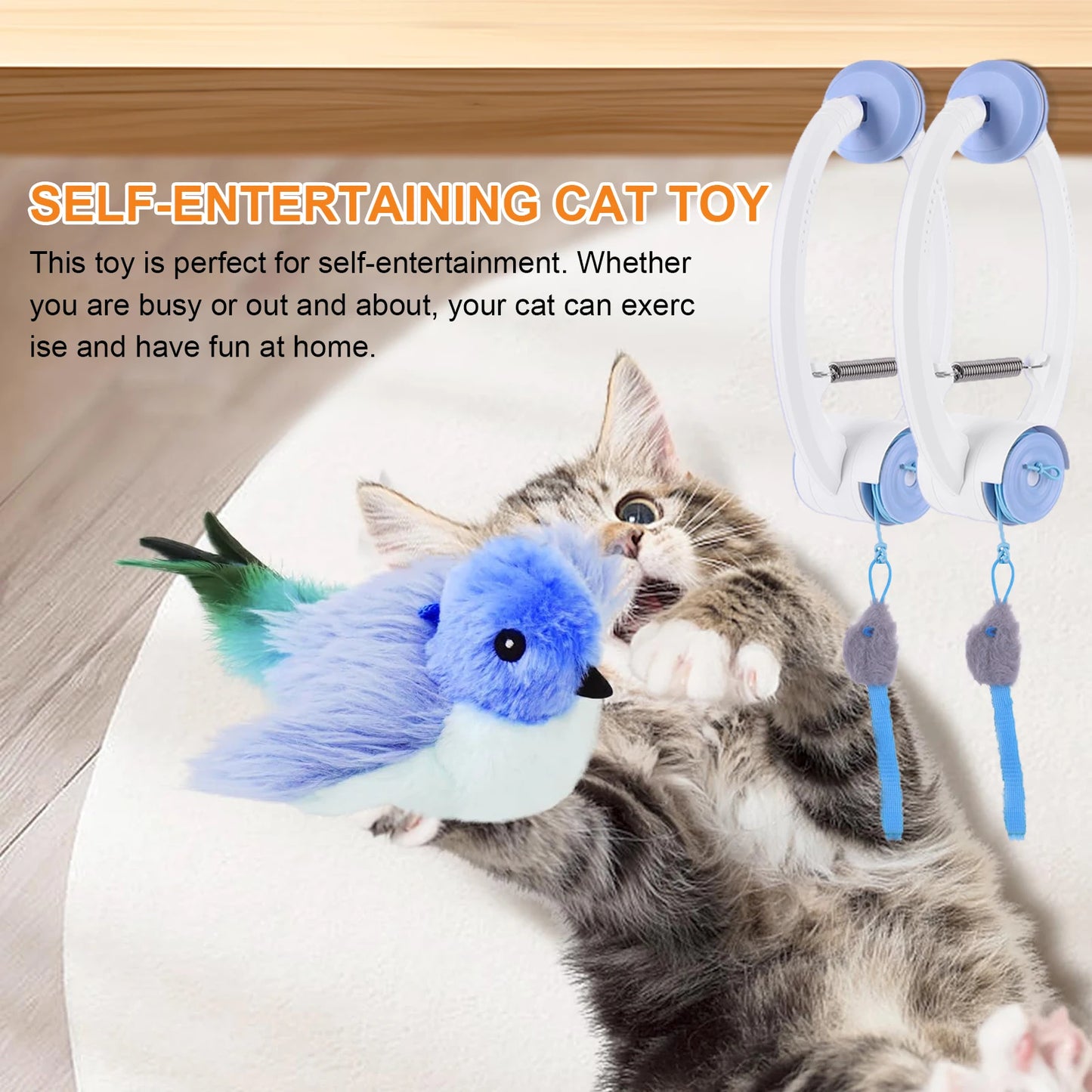 Cat playing with a blue bird-shaped self-entertaining cat toy.
