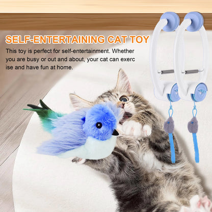 Cat playing with a blue bird-shaped self-entertaining cat toy.