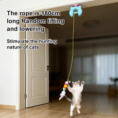 Cat playing with a toy that hangs from the ceiling, with text describing the product.