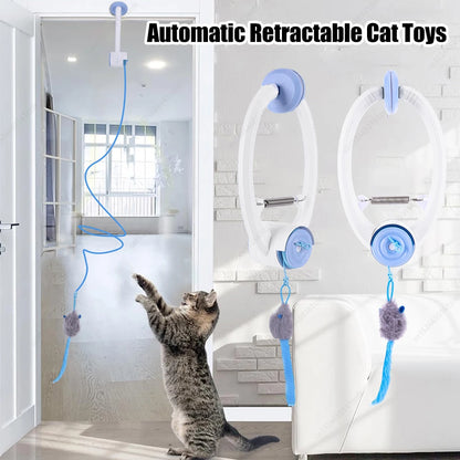 Cat playing with an automatic retractable cat toy in a room.