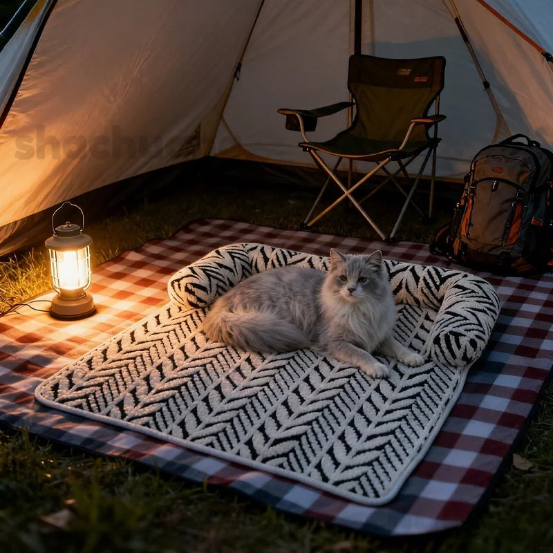 Cat resting on a patterned mat outside a tent with a lantern and backpack.