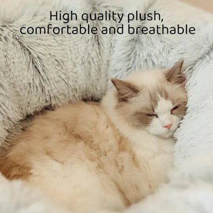 Cat sleeping on a plush, comfortable surface with text overlay.