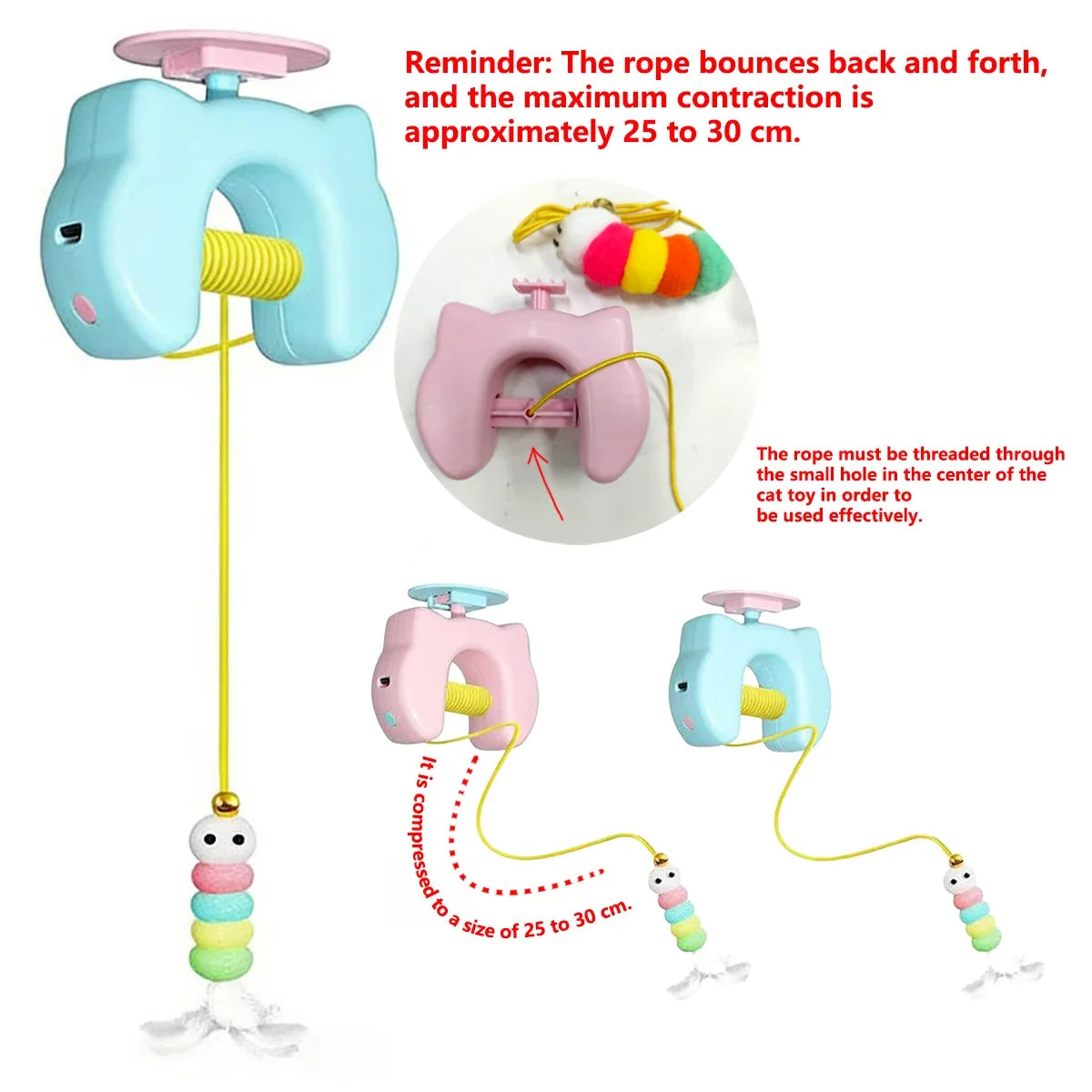 Cat toy with a rope and colorful beads, showing usage instructions on a white background.