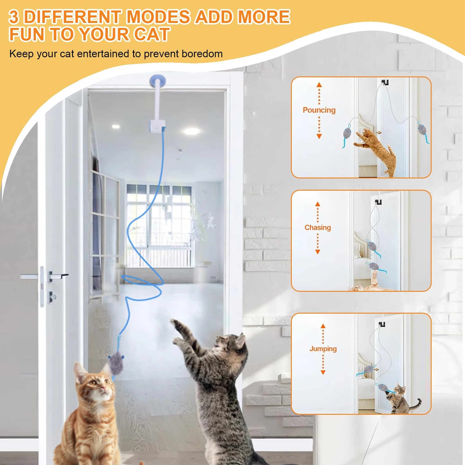 Cat toy with three different modes to entertain cats, shown in a home setting.