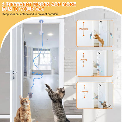 Cat toy with three different modes to entertain cats, shown in a home setting.