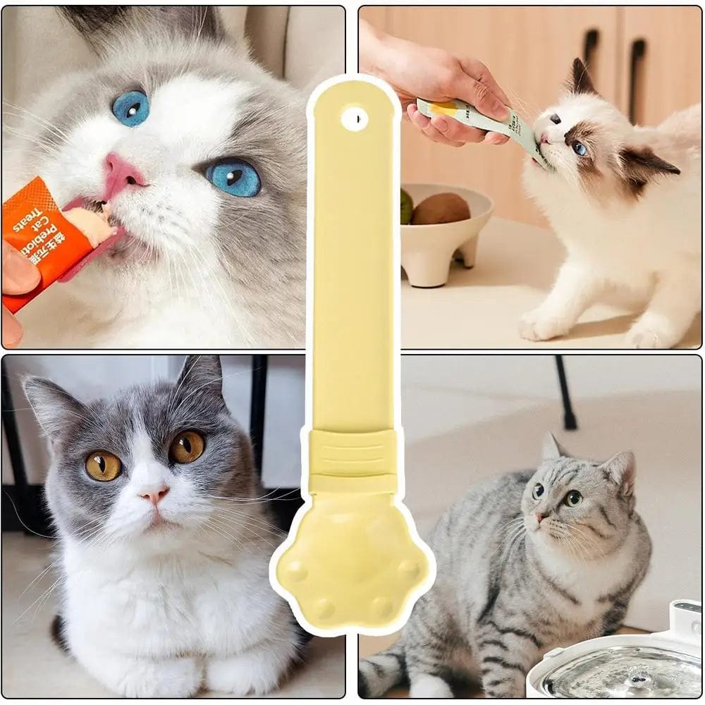 Cat treat spoon in yellow collage of four cats 