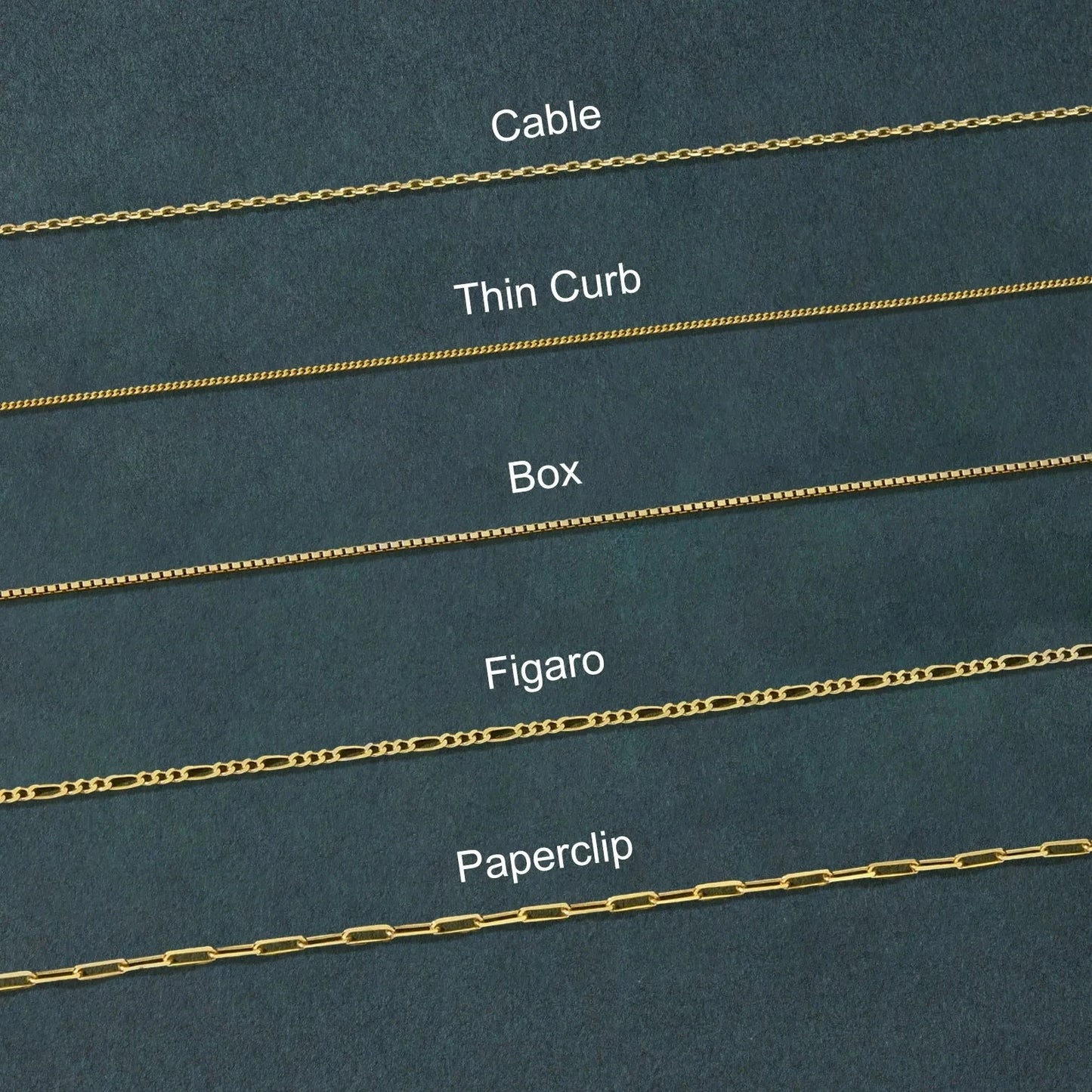 Comparison of different gold chain styles on a dark blue background