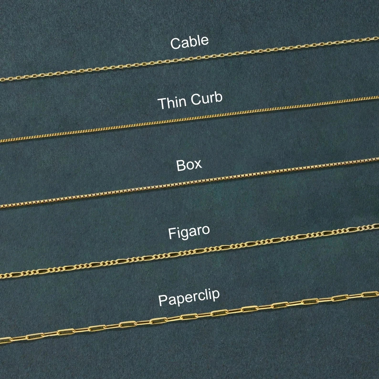 Comparison of different gold chain styles on a dark blue background