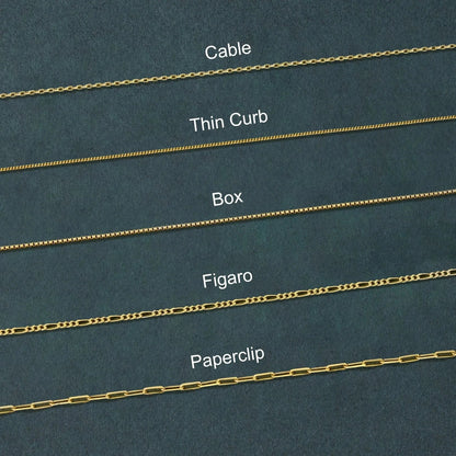 Comparison of different gold chain styles on a dark blue background