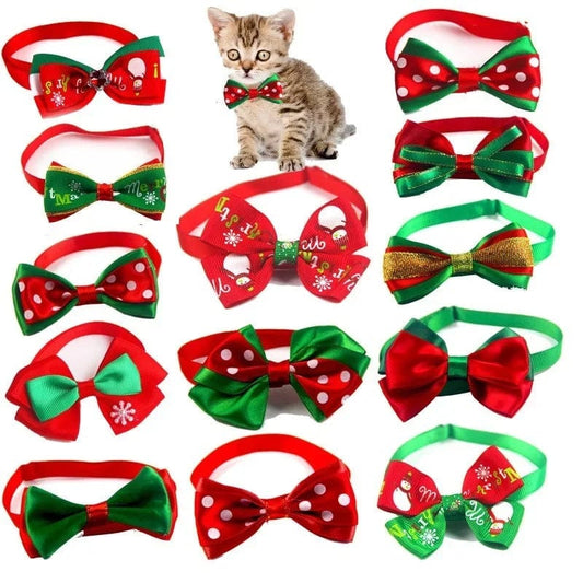 A collection of Christmas-themed bow ties for cats, featuring various patterns such as snowflakes and stripes, in red, white, and green colors.